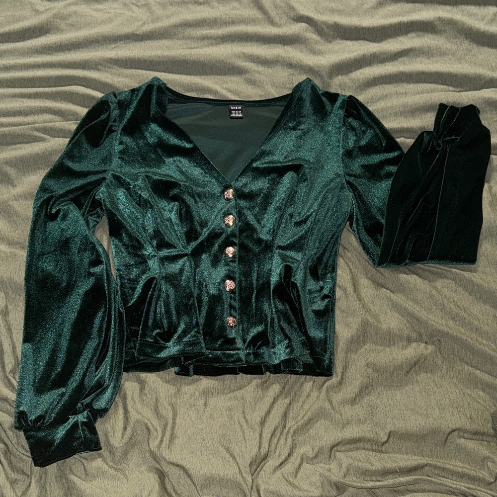 SHEIN Green Velvet Button-Up Top